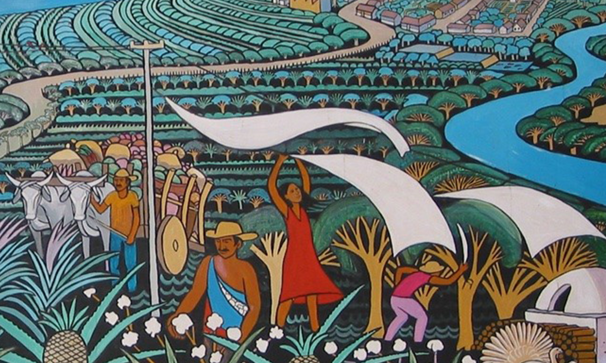 illustration of latin american community with flags and farm land